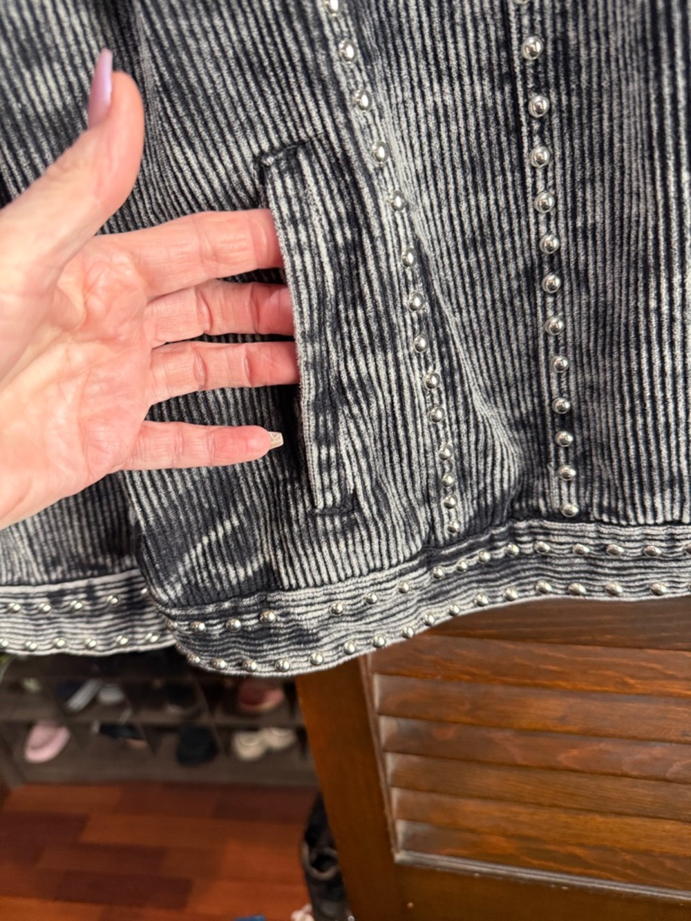 POL Distressed Black Corduroy Jacket with Stud Trim - Picture 4 of 5